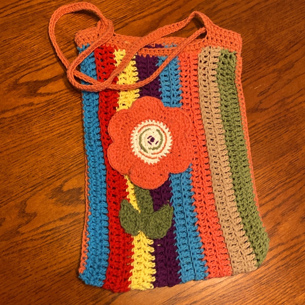 Vintage crocheted hand crocheted hippy boho folk bag purse satchel 70’s, 80’s